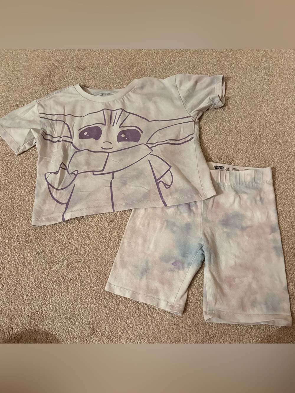 Star Wars Baby Yoda (Grogu) Tee biker shorts outfit Gray Purple size 6x crop